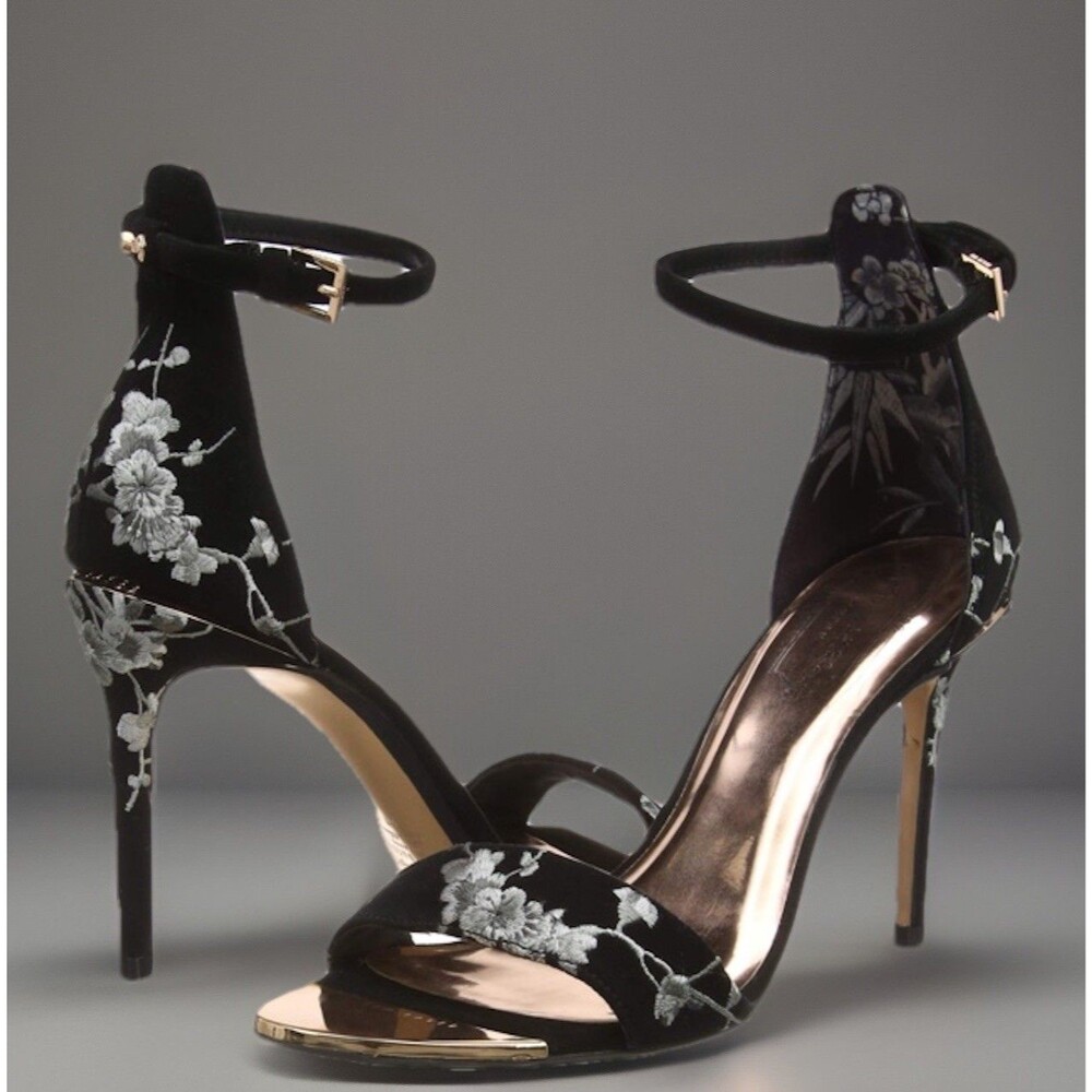Ted Baker London NIKOAL Floral Black Velvet Ankle Strap Heel Stiletto Size 10 40